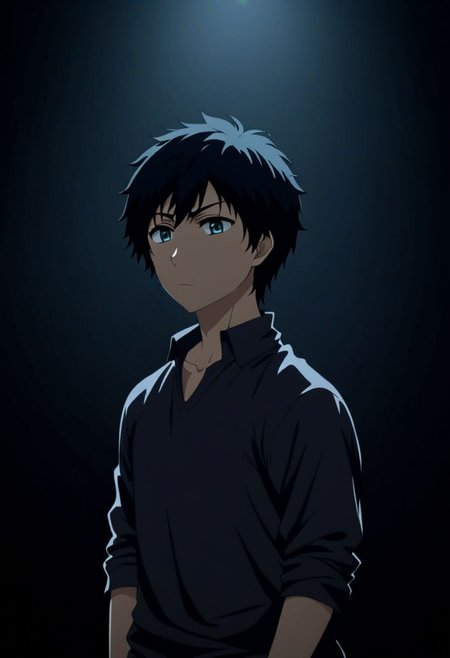 high resolution, solo, best quality, 1Boy, Arata Kaizaki, Black Hair, cool, Mysterious black background, Movie lighting, a sense of atmosphere, OverallDetail
