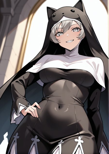 masterpiece, best quality, highres, newest, 1girl, solo, official style, <lora:IL_Sistermon_Noir:1>, sistermonnoir, nun, looking at viewer, smile, indoor, cowboy shot, hand on hip, teeth, grin