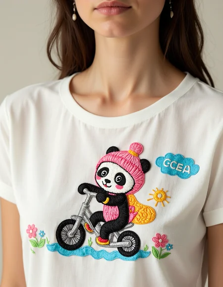 aplqueCE_style. a woman wearing a t-shirt with a colorful applique of a cute panda driving a tricycle.