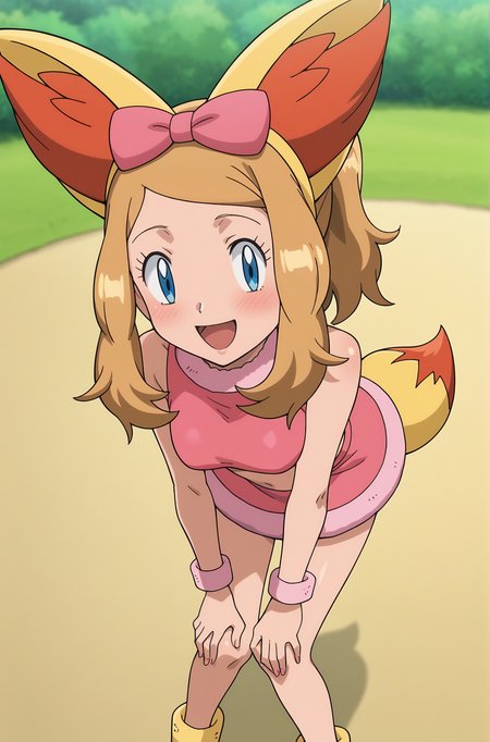 score_9, score_8_up, score_7_up, source anime, anime, animification, anime screencap, anime coloring, vivid colors, shiny skin, skindentation, deep skin, depth of field, high quality, highres, (dynamic angle,dynamic pose),
serenafen, 1girl, solo, long hair, looking at viewer, blush, smile, open mouth, blue eyes, skirt, brown hair, bow, animal ears, tail, full body, ponytail, :d, hair bow, cosplay, bent over, pink bow, hands on own knees, serena \(pokemon\)
BREAK
masterpiece,high quality
<lora:Serena_Fennekin_XL-08:0.9>