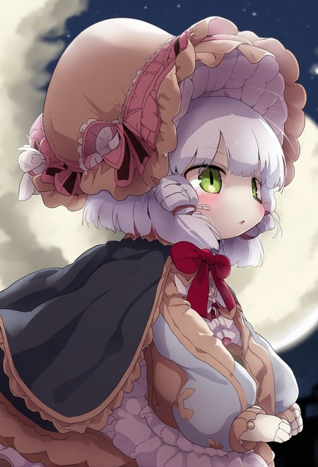 masterpiece, hyper detailed, best quality,(furry:1.3),1girl, solo, doll joints, bonnet, white hair, joints, cloak, jewelry, bangs, green eyes, short hair, hat, moon  ,<lora:DAGASIXLlokr8f-000188:0.95>