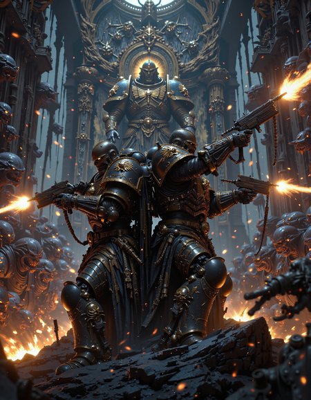 cinematic film still . close-up, two UltraM40k back to back, taking aim, firing guns, muzzle flash, epic, holding guns, heroic, glorification, god rays, backlit, action picture. surrounded by countless monsters with glowing eyes. grimdark, mythp0rt, FredFraiStyle  <lora:FluxMythP0rtr4itStyle.safetensors:0.75>,  <lora:FluxUltraM40k.safetensors:0.5>, UltraM40k <lora:dark_fantasy_flux.safetensors:0.5>,  <lora:DnD_Grainyboyz FLUX Lora .safetensors:0.75>,  <lora:Midjourney_Dreamlike_Fantasy_FLUX_LoRA.safetensors:0.75>,   FredFraiStyle, Knight, Armor, Warrior  DnD_Grainyboyz, grainy, noise . shallow depth of field, vignette, highly detailed, high budget, bokeh, cinemascope, moody, epic, gorgeous, film grain, grainy