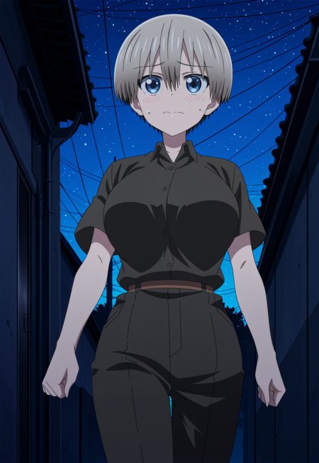 anime screencap, anime coloring, detailed face, masterpiece, best quality, very aesthetic, absurdres,, volumetric lighting, official style, amazing quality, ultra detailed,  highres, amazing quality, scenery, beautiful detailed hair, beautiful detailed eyes, defined fingers, five fingers,
<lora:Hana_Uzaki_Uzaki-chan_Wants_to_Hang_Out_-_Illustrious_V2:1>
Outside, alleyway, night, Tokyo, dark, blue hue,
Hana work uniform outfit, Hana Uzaki (character), uzaki hana, 1girl, solo, short hair, gray hair, bangs, hair between eyes, blue eyes, large breasts, black shirt, short sleeves, collared shirt, black pants,
Low angle, cowboy shot, walking, looking around, nervous,