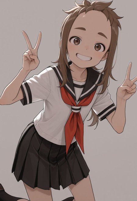 masterpiece,best quality,absurdres,highres,very aesthetic,high quality,detailed,insanely detailed,beautiful,perfect lighting, looking at viewer, looking at viewer, 
 <lora:Hibino Mina illu:1> 1girl, smile, double v, school uniform, pleated skirt, white background, red neckerchief, serafuku, simple background, black sailor collar, looking at viewer, grin, jaggy lines, short sleeves, brown hair, brown eyes, long hair, white shirt, hands up, black socks, thick eyebrows, black skirt, ponytail, forehead
