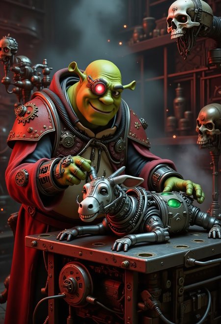 Shrek, dressed as an Adeptus Mechanicus tech-priest, works on a cybernetic Donkey, unmistakably the wisecracking character from Shrek, in a grimdark, gothic workshop. Shrek wears a tattered red robe with cog symbols, mechanical arms, a glowing red eyepiece, and cables running from implants. Donkey lies on a metal table, his iconic wide grin still visible despite his transformation, with bionic limbs and glowing green energy cores replacing parts of his body. The workshop is filled with towering shelves of parts, hovering servo-skulls, and sparking tools, bathed in flickering red light and rising steam, blending Shrek’s charm with Warhammer 40K’s dark aesthetic