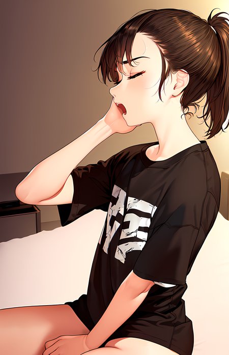 (best ratio 4fingers), (arm + hand + 1thumb + 4fingers), (Five_fingers_each), (Perfect_hands), (extremely detailed hands), (masterpiece:1.2), (best quality:1.1), ((1girl)), ((solo_girl)), ((female_solo)), (small_head), (upper_body:1.4), eyeliner, detailed_face, (brown hair:1.4), (short ponytail), (closed eyes:1.2), (blank stare), (sleepy:1.2), (yawning:1.2), (small mouth:1.4), (open mouth), (oversized t-shirt:1.2), (loose clothes:1.2), (black track pants:1.2), (hand on own face:1.2), (messy room:1.2), (sitting on bed:1.2), (sideview:1.2), (profile:1.2), (looking down:1.2), (dynamic angle:1.0), (curvy:1.2)