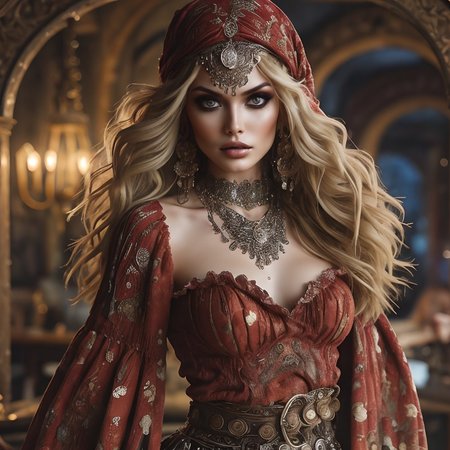 RAW photo, (masterpiece:1.3), subsurface scattering, heavy shadow, (high quality:1.4), (intricate, high detail:1.2), professional color photography, HDR, High Dynamic Range, realistic, ultra realistic, photorealistic, high resolution, film photography, ambient lighting, atmospheric effects, <lora:detail_slider_v4:2>, OverallDetail, a beautiful female gypsy, wild blonde hair, dark makeup, jewelry, headwear, wearing intricate red clothes, shawl, dynamic pose, ((cowboy shot)), <lora:Gypsy:1>,  <lora:FantasyHeaddress:0.5> FanHe, epiCPhoto
