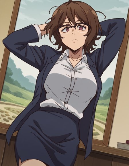 score_9, score_8_up, score_7_up, source_anime, <lora:owari-hajime-s2-ponyxl-lora-nochekaiser:1>, owari hajime, brown hair, brown eyes, glasses, over-rim eyewear, large breasts,, skirt, shirt, jacket, formal, suit, office lady,, museum, art exhibit, paintings, observing, quiet contemplation, cultural experience, , looking at viewer, hand behind head, solo,, cowboy shot, dutch angle