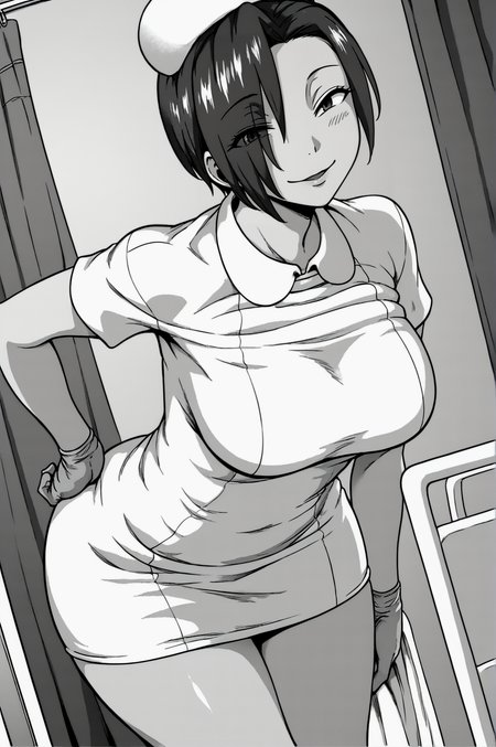 score_9, score_8_up, score_7_up, monochrome, manga_source, best background, detailed background, manga, grayscale   Numajiri, latex gloves, hat, nurse, nurse cap, cowboy shot, horny, naughty face, dynamic angle, dynamic camera, indoors, bent over,  <lora:JN_Numajiri:0.8>