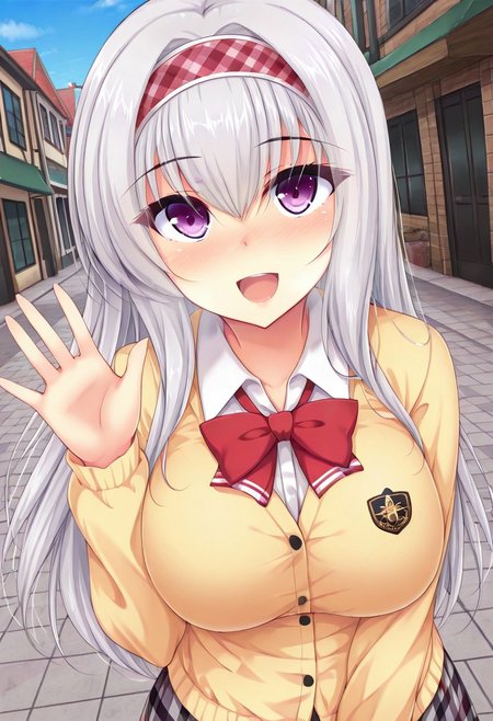 general,highres, ultra-detailed,very aesthetic,best quality ,best hands,best eyes,easynegative,
dynamic anglre, dutch angle, anime cloring,
1girl solo,looking at viewer,town,outdoors,smile,open mouth,waving hand,
Matsunaga Ameria Ren,silver hair, long_hair, hairband, purple eyes, huge_breasts,school uniform,