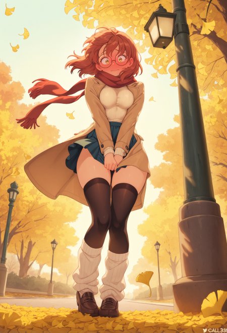 masterpiece, best quality, amazing quality, very aesthetic, absurdres, newest,    1girl, solo, cute, round glasses, floating scarf, long coat, thighhighs, skirt, loose socks, loafer, calm colors, taut sweater, small breasts, squeezed breasts together, shy, full-face blush, surprised, skirt tug, (wind:1.2), autumn, ginkgo tree, ginkgo_leaf, falling_leaves, shy, outdoors, standing, park, lamp post, low angle,      <lora:ill\Bluethebone Style:0.8>, Bl3th3bn3_Styl3_SKNSFW
