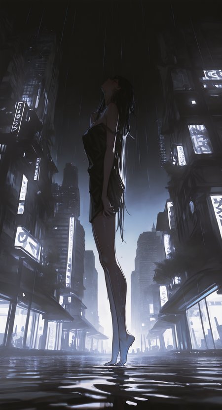 masterpiece, best quality, Good quality, very aesthetic, absurdres, newest,From Below,Vanishing Point, 1girl, solo, long_hair, breasts, bare_shoulders, standing, full_body, closed_eyes, outdoors, sky, barefoot, wet, night, outstretched_arms, night_sky, strap_slip, rain, spread_arms, tiptoes, On the edge of a skyscraper, City Lights Lighting,Cinematic Lighting, <lora:ponyv5_noobE11_1_adamW-000013:0.7> <lora:USNR_STYLE_XL_lokr:1>