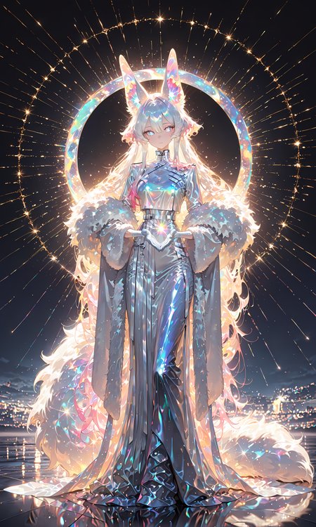 masterpiece, best quality, amazing quality, very aesthetic, absurdres,  newest, volumetric lighting, detailed, detailed background, 1girl, white long dress, gloves, holographic colors, gradient colors, multicolored hair, shiny, long animal ears, fluffy tail, masterpiece, best quality, amazing quality, very aesthetic, absurdres,  newest, volumetric lighting,
