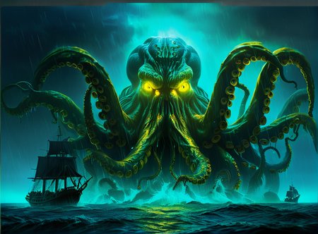 masterpiece,high resolution, <lora:Cthulhu-XL-9:0.8>,
cthulhu, watercraft, ship, tentacles, glowing, no humans, ocean, glowing eyes, rain,blue and yellow theme,
