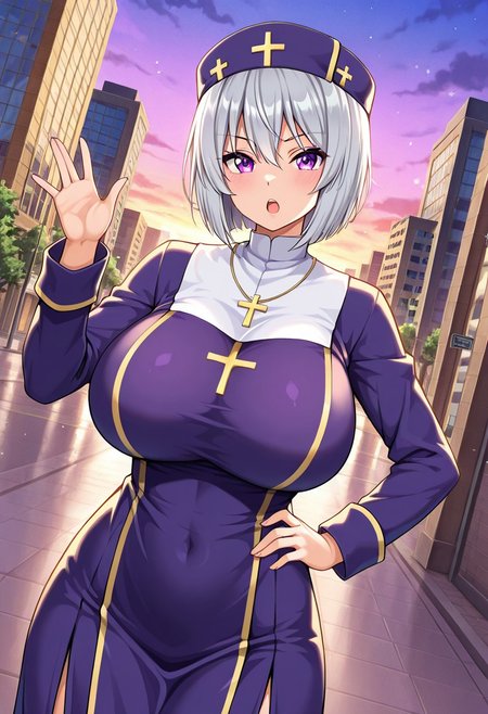 general,highres, ultra-detailed,very aesthetic,best quality ,best hands,best eyes,easynegative,
dynamic anglre, dutch angle, anime cloring,
1girl solo,looking at viewer,city,hand on hip,open mouth, 
Cent Alies,grey hair, short_hair, purple_eyes, huge_breasts, hat,priest costume,