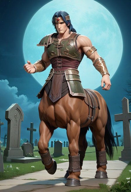 score_9, score_8_up, score_7_up, score_6_up, 1boy, horse man, taur, male, muscular, (full body view:2), night, moon, graveyard, simon belmont, simonbel, green leather armor, jeweled headband, stylized green breastplate, gold accents, black leather shorts, stylized green loincloth, single pauldron, metal wristband, shoulder length blue hair, leather tassets, gray boots