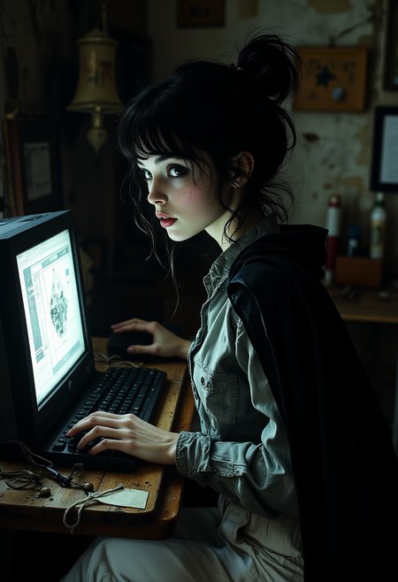 anorexic, necrommancer, white makeup with black around the eyes, grey eyes, Pixie Cut black hairs, black cape, gray shirt, white cargo pants, thin, pale skin dynamic pose, in an old laboratory, studying on a computer. dim light, high angle