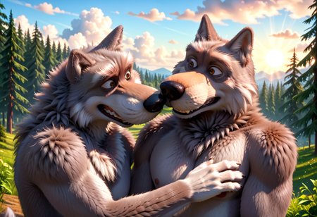 score_8, score_7, score_9_up, BodiPhantom, masterpiece, high quality, detailed, best quality, detailed background, detailed character, detailed character details, detailed face, detailed muzzle, dust, particles, practices, fluffy wool, fluffy fur, high quality, very high rendering, smooth lines, 4k, 8k, 16k, huge resolution, a lot of details, detailed fur, high budget, cinemascope, epic, gorgeous, film grain, grainy, high quality, detailed, high resolution, high quality, high resolution, furry character, 3DMM, 2boys, 2 boys, 
first character: "bybodird008, cartoon_style, source_cartoon, gray wolf, wolf, fluffy wolf, shaggy, (hybrid), boy, furry, furry_male, anthro, stupid wolf1, (He's taller and thicker, and his eyes are wide open, which adds to his innocence)";
second character: "bybodird008, cartoon_style, source_cartoon, gray wolf, wolf, fluffy wolf, shaggy, (hybrid), boy, furry, furry_male, anthro, cunning wolf2, (He is thin, with a large head and narrowed eyes)";
BREAK
source_furry, adult, anthro, (((muscular))), 2 wolf, 
two wolves, two detailed characters, hugging, gay, 
realistic, different wolves, different faces, detailed face, gray wolfs, 
in the forest, trees, sun, meadow, clouds, detailed eyes, detailed fur, detailed anatomy, detailed every character