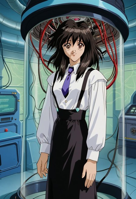 masterpiece, best quality, amazing quality, intricate details, solo, melfina, black hair, brown eyes, medium hair, retro artstyle, 1990s (style), white long sleeve shirt, necktie, black skirt, suspenders, shy smile, science fiction, cables, stasis tank, spacecraft, interior, in container,
