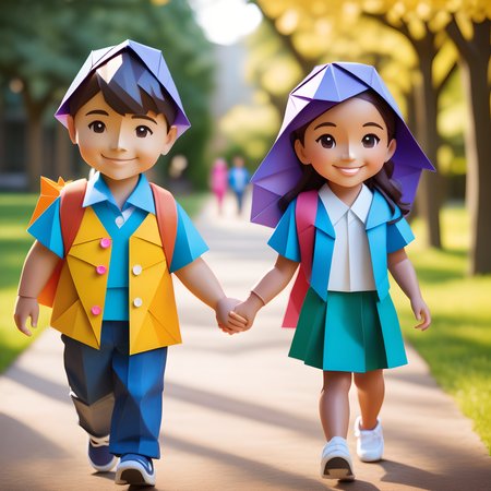 Two childhood sweethearts walked hand in hand on the campus path, smiling brightly, depth of field control method, complicated origami face, origami style, detailed