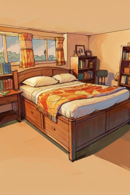 celluloid, best quality, masterpiece, comic flat illustration, art by Parnwell, E. C, no humans, digital color, highres, creative, hyper detailed,
simple english bedroom