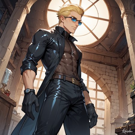 score_9, score_8_up, score_7_up, score_6_up, source_anime, rating_explicit, ah1, best quality, (masterpiece:1.4), (high quality:1.4), sharp focus, 4k, absurd resolution, <lora:albertwesker-guy-PONYv1:0.8> albertwesker, albert wesker, 1boy, solo, blonde, black gloves, sunglasses, belt, pants, black coat, black pants, looking at viewer, toned, athletic, fit, slicked back hair, black turtleneck, zipper, mature male, (graphene textured clothes), black boots, (Leaning against a crypt with a malevolent glare), (Break Room), bad-hands-5, ((Defensive expression)), <lora:xl_more_art-full_v1:0.4>, <lora:shinyskin2:0.3> glistening skin, <lora:aesthetic_anime_v1s:0.4>, <lora:Expressive_H:0.4> Expressiveh, <lora:hairdetailpxl:0.4> hairdetailpxl, <lora:EpicF4nta5yXL:0.4>, <lora:detailxl:0.4> detailxl, <lora:Fant5yP0ny:0.4> (Low angle (from the side) view medium Close shot (focus on legs)), (nylon suit), (focused, intense glare), slit pupils, short hair, (blue eyes),