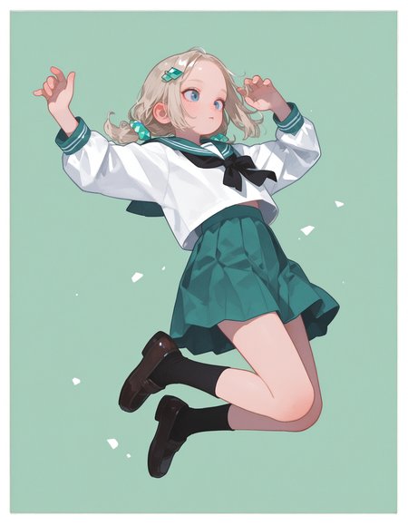 masterpiece, best quality, 32k, high resolution, absurdres, HD32k, masterpiece, high detail, extremely detailed, detailed linework, dynamic composition, (realistic), flat color,
1girl, solo,
low buns,
blue  eyes, forehead ,
hair ornament ,
japanese school uniform, pastel emerald green  vertical background, popping out of background, full body, jumping, [[[[arms stretched]]]], dynamic pose, black socks ,
white thick border,
0__11Xx_illu, bW9t, fl4t,
<lora:96YOTTEA-WAI:0.6>
<lora:Dramatic Lighting Slider:1.6>
<lora:0__11Xx:0.4>
<lora:fl4t:0.4>
<lora:MomoSweetSpaceILL:0.24>
<lora:c_:0.75>