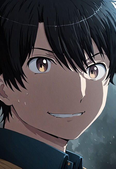 high resolution, solo, best quality, 1Boy, Inaho Kaizuka, Black Hair, portrait, looking at viewer, focused gaze forward, upper body, head upright, angry, smile, OverallDetail