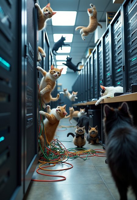 A high-resolution photograph captures a whimsically chaotic scene. In a high-tech server room filled with sleek server racks, blinking lights, and tangled cables, a group of mischievous cats has turned order into playful disorder. At the forefront, two energetic kittens violently knock over a stack of server equipment, while nearby, a trio of cats plays with network cables, creating a humorous mess. On a cluttered desk, several cats nap on keyboards, pressing random keys, and a large Mainecoon sprawls across a keyboard. In the background, more cats cause mayhem, with a tuxedo cat perched on a server rack and kittens chasing each other around the room.  Cats of various breeds are flying off the racks, jumping all over the room and knocking things over.  All the cats are different breeds.
The room is brightly lit with overhead fluorescent lights, casting a clear view of the playful antics. The blinking lights of the servers add a techy, whimsical ambiance, contrasting with the chaos created by the cats.