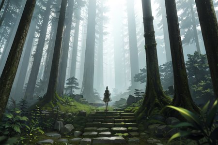 highly insanely detailed, masterpiece, top quality, best quality, highres, 4k, 8k, RAW photo, (very aesthetic, beautiful and aesthetic),  
(rsef style,fevercell style),human_machine_hybrid,futuristic_landscape,abstract_background,energy_auras,holographic_effects,digital_aesthetics, 
<lora:rsef-000225:0.6>, 
(1girl:1.3), 
1other, 
, 
, 
short hair,hair blown by wind,hair ornament, 
, 
bronze statue , with roman centurion armor,  scepter,foggy_plaza,statues_in_fog,eerie_atmosphere,abandoned_square,ancient_stone_steps,stepped_terraces,bills,massive_sarsen_stones,knee_deep_water,large forest,enchanting forest,dense forest,lush forest,tall trees,canopy,overgrown scenery, 
,âââ
