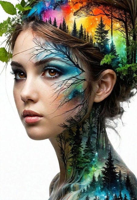 mysterious silhouette forest woman, by Minjae Lee, Carne Griffiths, Emily Kell, Geoffroy Thoorens, Aaron Horkey, Jordan Grimmer, Greg Rutkowski, amazing depth, masterwork, surreal, geometric patterns, intricately detailed, bokeh,  perfect balanced, deep fine borders, artistic photorealism, smooth, great masterwork by head of prompt engineering, (White background:1.2), pretty face, detailed brown eyes, eyelashes, forest detail, <lora:add-detail-xl:2>  <lora:Double_Exposure:0.5> <double exposure:0.5>