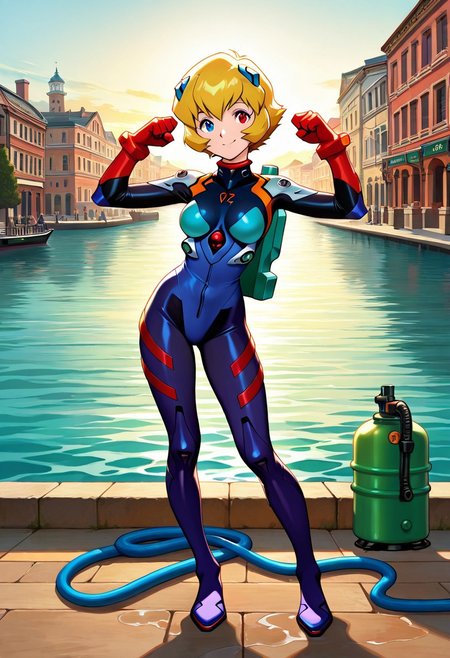 <lora:Megaman_Legends>,megaman_legends,(looking at viewer:1.2),(close-up:1.2),score_9, score_8_up, score_7_up, source_ super mario sunshine, (a mature female lady with a water tank on her back ),BREAK, animated painting, (smile:1.6), (standing:1.3), (contrapposto;1.3), (fighting pose:1.7), (good finger:1.2), (five fingers:1.2), (perfect anatomy:1.5), (Beautiful girl:1.4), (blonde short hair:1.6), ((ultra detailedtanned)), ((extremely detailed CG)), skin, authentic skin texture, gradient eyes, ((beautiful detailed eyes)), faint lips, ((Premier Quality)), (Ultra High Definition), ((perfect anatomy)), (solo), BREAK, heterochromia, (diving equipment on her ), ((full body clothed)), ((wet suit:1,8)), (tactical gear), (tank pack), ((red right eyes, blue left eyes)),BREAK, (background inspired by place Delfino and Venice :2,3)(big pipeline, water, harbor, hose, cartoon town), BREAK, ( evangelion_style:0,3), mecha musume, ( Megaman Legends 2 style: 1,6), ( aria the masterpiece style:1.4),soft skin, skindentation, thicc