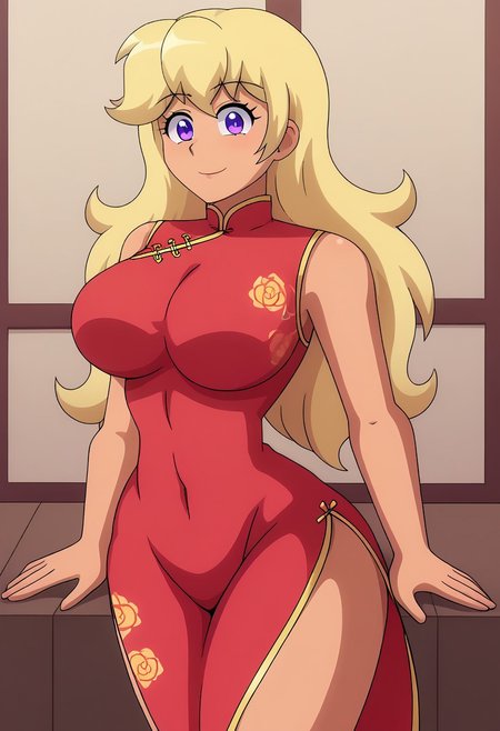 ChieriShiina,1girl,blonde hair,long hair,purple eyes,dark skin, large breasts, red dress, china dress, DaisyPink71