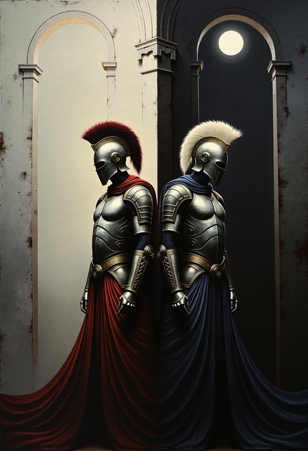 0n1r1c, Create a dramatic impasto painting with drips and painterly smudges of two majestic warriors, inspired by Achilles, the central character in Homer's Iliad, wearing futuristic, metallic full-body armor with a complex, segmented design. 

The painting is divided vertically into three sections.
The left section, only white, is dominate from Paris, his
warrior's helmet should have a striking red horsehair crest.
The background of this left section is a light white.
The middle section, only light gray, showcases a high, arched window below the upper edge of the painting, through which the moon shines.
The background of this middle section is a light gray.
The right section, only dark gray, is dominate from Achilles, his warrior's helmet should have a striking white horsehair crest.
The background of this right section is a dark gray.

Both helmets reminiscent of ancient Greek soldiers.
Both armors should have multiple plates and reinforcements, covering the entire body and combining both ancient and modern aesthetics. 

The shoulder plates and bracers of both armors should feature additional plating with gold accents. Both warriors should wear long, flowing black capes, adding a touch of royalty. Their overall appearance should exude strength, nobility, and a harmonious blend of the antique and the modern. Set the scene in a dark, grand hall with high, arched windows in the background. The painting should emphasize a combination of ancient grandeur and a futuristic, modern, and abstract style, with dramatic lighting features in a monochromatic scheme, primarily in shades of black, white, and gray.
