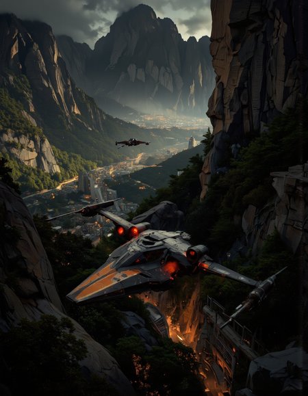 Art by Richard Anderson. A photo-realistic shoot from a bird's eye view about a futuristic spaceship flying over a lush, mountainous landscape at night. the image also shows a futuristic cityscape below, with tall, rocky mountains and dense greenery. on the middle of the image, a black and orange starfighter is flying, with its wings spread wide, showcasing its sleek design and red lights. the starfighter appears to be in mid-flight, with the city lights shining brightly against the dark, misty backdrop. the city below is surrounded by dense foliage and rocky cliffs, with a few buildings and structures visible in the distance. the overall atmosphere is dramatic and dramatic, with dramatic lighting and a sense of depth and movement.