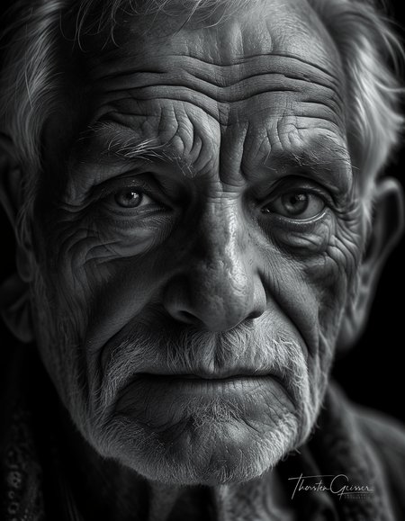 cinematic photo A high-resolution, black and white close-up portrait of an elderly man, his face etched with the wisdom and experiences of a lifetime. His skin is weathered and lined, a testament to the years he has lived and the stories he carries. His eyes, the focal point of the image, are bright and piercing, their irises filled with intricate details and subtle reflections of light. The depth and complexity of his gaze draw the viewer in, inviting them to contemplate the rich tapestry of his life. The background is a deep, velvety black, isolating the man's face and intensifying the emotional impact of his expression. The lighting is dramatic, highlighting the contours of his face and accentuating the wrinkles and creases that tell his story. The overall effect is one of profound depth and character, a portrait that captures the essence of a life well-lived in timeless black and white.     . 35mm photograph, film, bokeh, professional, 4k, highly detailed