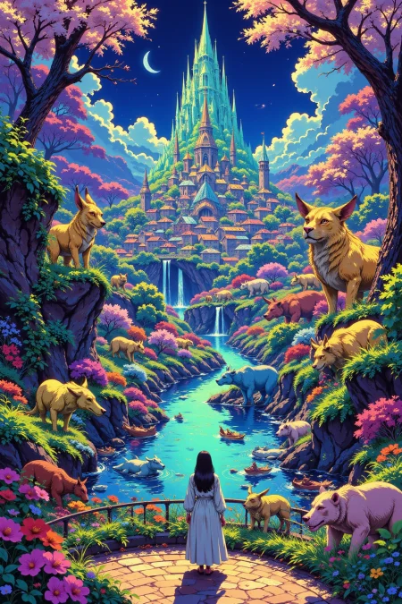 the city of animals beautiful landscape, morning, woman, very intricate, very detailed, sharp, bright, colorful, <lora:Hand v2:0.5> <lora:Anti-Blur:1><lora:Insane Detail Slider:0.25>  <lora:flux.1_lora_flyway_Epic-detail_v2:0.3> <lora:fluxenhancer:0.25> <lora:ROWER:0.6> <lora:flux-charmer-v1-1:0.4>>  <lora:Anime_style:0.8> anime style