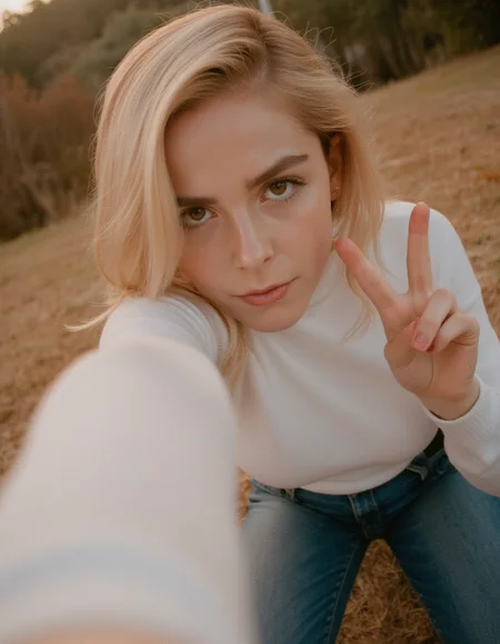 selfie pov, selfie, pov, taking selfie, low-angle shot, modern digital photography, cinematic portrait, young woman,  innocent, light-smile, striking eyes, soft warm lighting, vibrant color tones, vivid colors, 
blond hair, fitted white sweater, narrow waist, fitted jeans, 
candid expression, making v sign, v sign, v, peace,
 shallow depth of field, warm retro ambiance, glowing skin tones, outdoor golden hour lighting, artistic composition, timeless style, slight analog texture, dreamy atmosphere, enhanced contrast, natural soft focus
<lora:lqstyle_r15:0.7>, <lora:The_Body_V3:1>, <lora:Kiernan_Shipka_Flux:1>