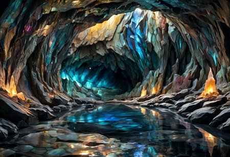 Iridescent Damascus, photorealistic, film grain, candid camera, color graded cinematic, eye catching, atmospheric lighting, highly detailed, deep depth of field, wide angle, wide view of a vast cavern, soft organic shapes, natural formation,smoothed by time and water, a (vast space:1.9) opening before the viewer,  an underground lake, crystal clear water, irregular shape formed by millenia of flowing water, reflecting torchlight, crystals in the rock walls glint in the (colours of the rainbow:1.6), intricately patterned with (labradorite:1.8) and moonstone, contrasted with (black granite:2.0), soft rounded shaped rock inviting to sit down near a fire pit emitting warm and welcoming light,