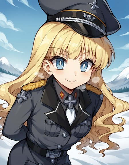 score_9, score_8_up, score_7_up, source_anime, <lora:retia-adolf-ponyxl-lora-nochekaiser:1>, retia adolf, blue eyes, blonde hair, wavy hair, bangs,, gloves, hat, military uniform, peaked cap, zettai ryouiki,, snow day, winter clothes, snowball fight, laughter, cold breath, white landscape, , , hands behind back, bent over, smile, solo,, cowboy shot, dutch angle