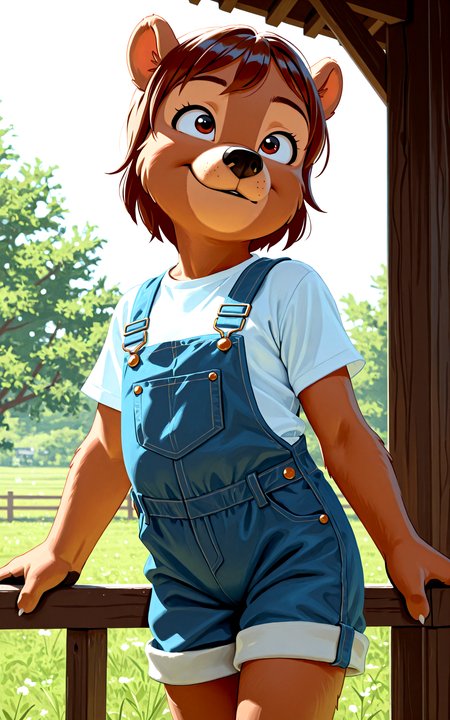 <lora:BearslIllustriousNAI-000060:1> (cute:1.3), Kaja, short hair, bear, young BREAK
clothed, white shirt, overalls, green field, low-angle view, day, smile
Smooth Quality, BREAK
perfect quality, best quality, clear composition, absurdres, high resolution, newest (masterwork, masterpiece, hyper-detailed, 8k uhd), BREAK
lazypos, (SuperQuality:1.0) ~ (SuperQuality:1.2)âââ