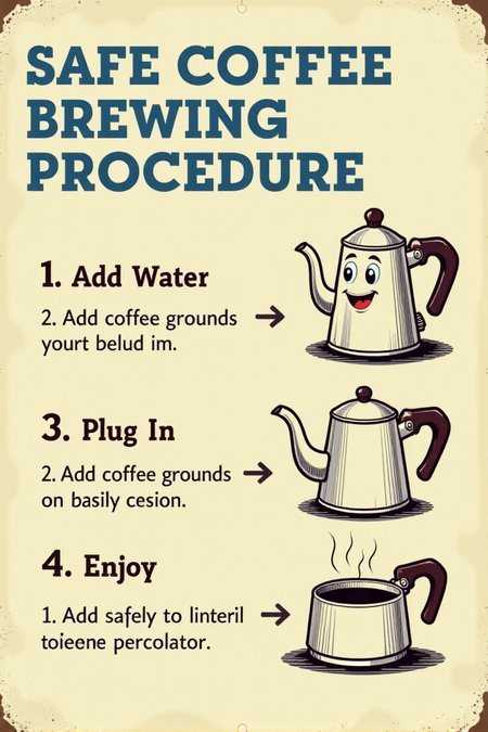 "Visualize a vintage informational safety sign featuring a friendly cartoon coffee pot with a spout that's winking. Next to it are simple step-by-step illustrations showing how to safely operate a vintage percolator: 1. Add Water, 2. Add Coffee Grounds, 3. Plug In, 4. Enjoy! The sign reads in neat blue lettering on a cream background: 'SAFE COFFEE BREWING PROCEDURE.' The cartoon style should be clean and instructional, like a page from an old appliance manual, with clear line drawings and minimal shading. Include small details like arrows pointing to the different parts of the coffee maker. 8k resolution, vintage instructional diagram style, helpful and easy to follow, providing clear instructions for safe coffee preparation."  <lora:REMEs_War_Poster_Style:0.95> In REME's War Poster Style,âââ