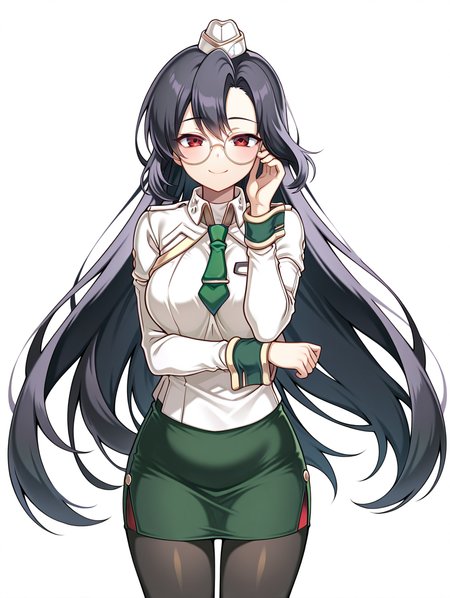 <lora:SW-LownaV1-IXL:1> sw-lowna,white shirt,sleeve cuffs, black hair,mini garrison cap,green necktie,very very long hair, pencil skirt,pantyhose, smile,dynamic pose,looking at viewer, straight-on, 
round eyewear,
best quality, masterpiece,