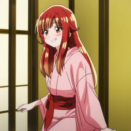 aoi yuzuki , pink kimono , full body , standing , leaning forward , cute face , smile