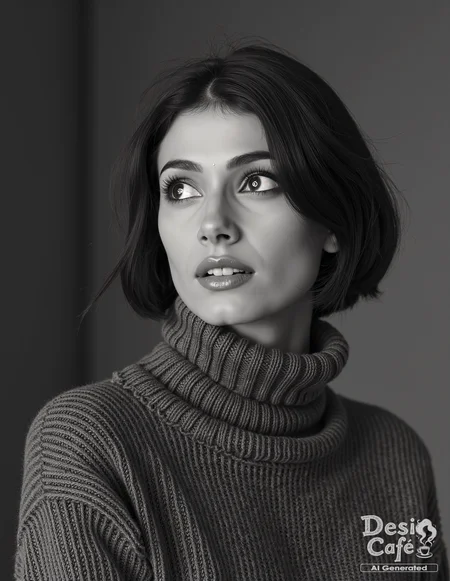 vintage greyscale photo of sum1t s1ngh woman, hyper realistic photo that is safe for work, expression of wonderment with wide eyes, studio quality image, well dressed wearing intricate turtlenecksweatshirt, hair styled as bob,muted shaded background that contrasts with the person, cinematic lighting,âââââ <lora:Sum1t_S1ngh_Flux_Kohya_V1:0.8>âââ