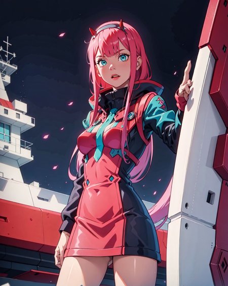 (<lora:Zero_Two_Darling:0.8> Zero_Two_Darling, :1.2), (full length 24 years old adult woman medium bosom:1.1), BREAK teal eyes, ,  (Zero Two from Darling in the Franxx style of Steven Klein), bold pink hair, teal blue eyes, sharp futuristic crown, silver horns, dark leather pilot suit, neon cityscape, burning skies, striking defiant pose, reflective chrome surfaces, intense red and blue lighting.