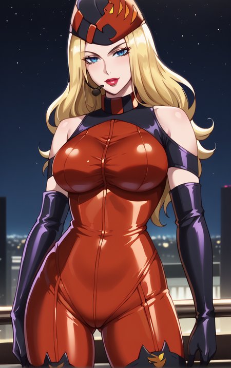 score_9, score_8_up, score_7_up, looking at viewer,  BREAK
BodySuitHat_MissX_ownwaifu,
1girl, blonde hair, long hair, lipstick, makeup, blue eyes, hat, large breasts, red lips, headset, thigh boots, eyelashes, nurse cap, 
elbow gloves, bodysuit, black gloves, bare shoulders, clothing cutout, thighhighs, gloves, skin tight, fingerless gloves, latex, red bodysuit, shiny clothes,
(standing, arm_support), railing, cityscape, night, city, city lights, scenery, starry sky, outdoors, <lora:PONYXL_TigerMaskX_MissX_ownwaifu:0.8> , depth of field, solo,