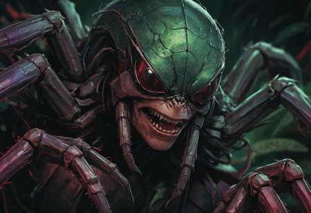 cinematic, stunning, gorgeous, masterpiece, high quality, (best quality:1.1), Close dystopian portrait illustration of a tarantula dark green, black, purple and red tones. dense foilage emphasize the drama of this digital artwork, which is kept in the style of ((classic comics)) but still has a modern look. a strong red hue.