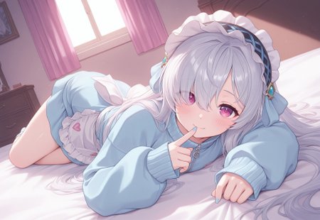 highres, best quality, masterpiece, bedroom, gothic theme,  masterpiece, best quality, 1girl, solo, looking at viewer, KRLavril, long hair, hair over one eye,  tenshi kaiwai,long sleeves,,hair ornament,blue jacket,frills,track jacket,sleeves past wrists,heart,blue nails,hairband,zipper,blue bow, bandaid,waist apron, masterpiece, best quality, amazing quality, very aesthetic, absurdres, newest, blush, gentle smile, finger to mouth, dynamic angle, lying, heart, 