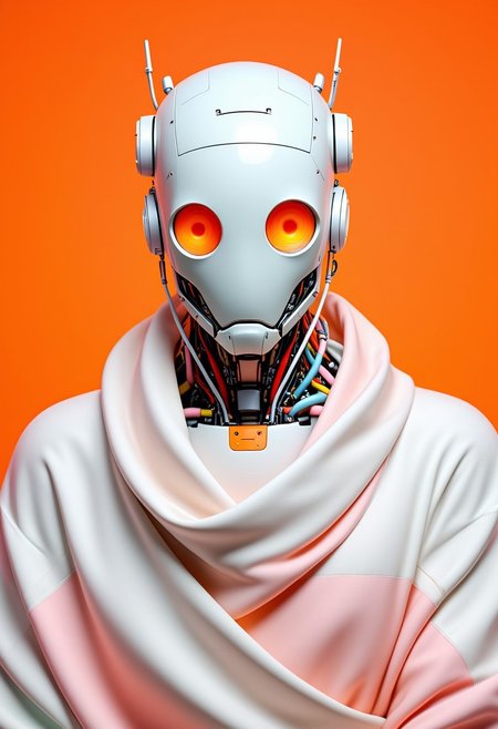 ajpasbot. This image is a highly detailed CGI rendering of a humanoid robot with a distinctly futuristic, almost humanoid appearance. The robot's head is a crisp white with a bright, vibrant orange tint, featuring large, round orange eyes that give it a somewhat human-like expression. The head is adorned with various mechanical parts, including antennae, sensors, and a small, circular panel on the forehead. The robot's neck and torso are covered in a network of white and bright orange wires and tubes, showcasing intricate, advanced machinery.
The robot's body is draped in a flowing garment of stark white and neon orange, blending in bold, surreal contrast with the robot's metallic body. The garment is loosely wrapped around the robot, with one arm crossed over the chest and the other arm resting on the opposite shoulder, giving an impression of casual comfort or restraint.